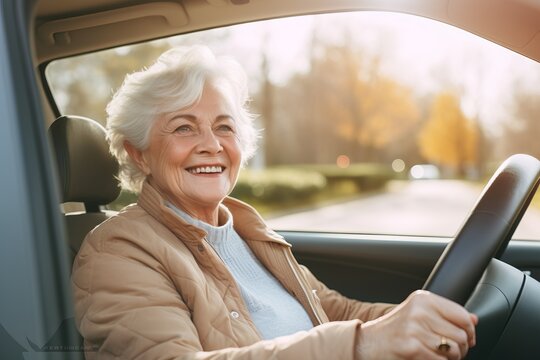 Smiling Caucasian Woman Behind the Wheel of a Car. Generative AI