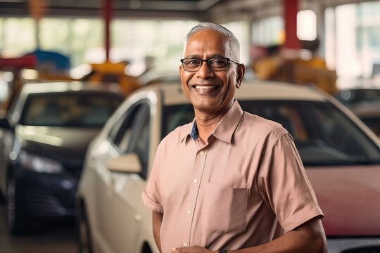 Smiling Indian Man Driving Car. Generative AI
