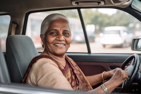 Smiling Indian Woman Driving Car. Generative AI