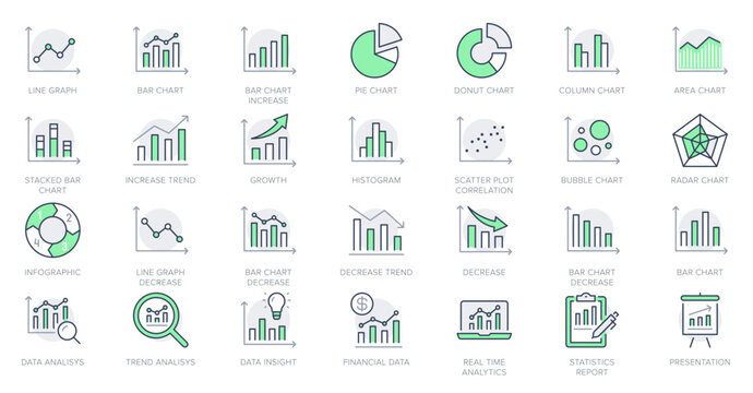 Graph line icons. Vector illustration include icon - data analysis, diagram, stat, histogram, economy outline pictogram for infographic statistic presentation. Green Color, Editable Stroke