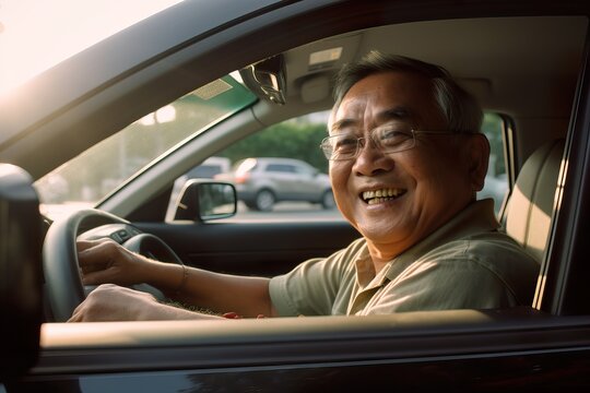 Happy Senior Southeast Asian Man Driving a Car. Generative AI