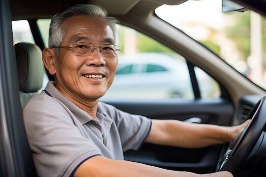 Happy Senior Southeast Asian Man Driving a Car. Generative AI