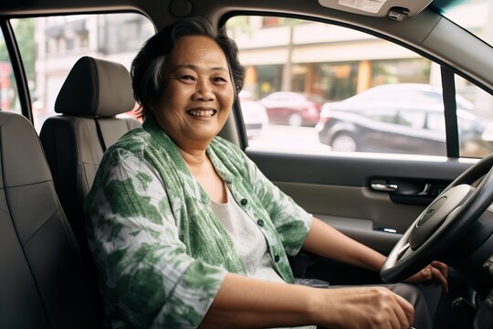 Smiling Senior South East Asian Woman Driving Car. Generative AI