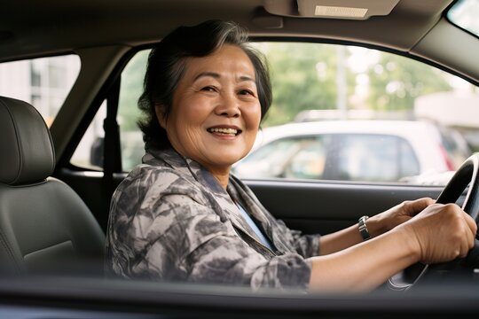 Smiling Senior South East Asian Woman Driving Car. Generative AI