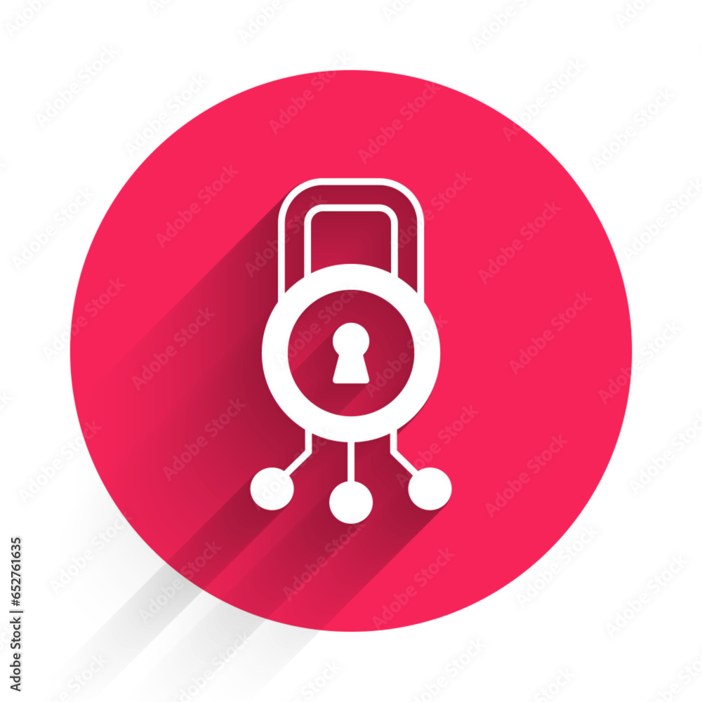 Poster white cyber security icon isolated with long shadow background. closed padlock on digital circuit bo