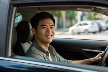 Smiling Young Asian Man Driving a Car. Generative AI