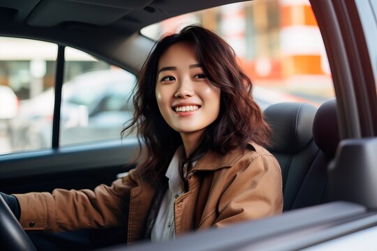 Smiling Young Asian Woman Driving Car. Generative AI