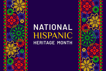 National hispanic heritage month poster with ethnic ornament. Vector festive background with vibrant traditional decorative pattern, for annual event, celebrating the rich diversity of latin community