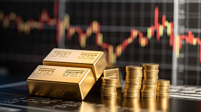 Gold bar resting on a stocks and shares graph representing investment. Concept of gold price in the stock market. Generative Ai