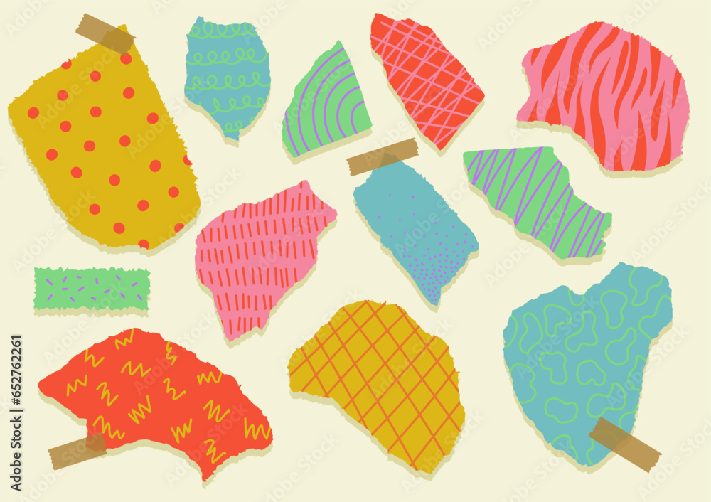Poster torn out paper collage elements with colorful texture. set of abstract shapes with animal print on i