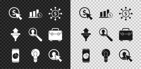 Set Cursor and coin, Dollar, share, network, Mobile phone with, Light bulb concept of idea, User man business suit, Sales funnel arrows and Magnifying glass for search people icon. Vector