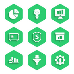 Set Shield with dollar, Sales funnel arrows, Human gear inside, Graph, chart, diagram, infographic, Pie, Safe, Monitor and icon. Vector