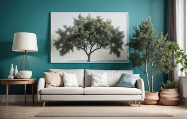Cozy Sofa with Cushions and Tree on Wall, Modern Living Room, using Generative Ai