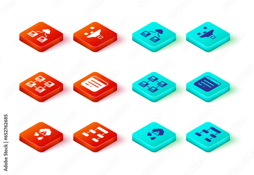 Poster set cloud hacking, hierarchy organogram chart, browser window, filter setting and technology data tr