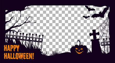 Halloween social media post black frame template with pumpkin on cemetery, vector silhouette. Happy Halloween holiday social media storytelling post frame with grave tombstone, bats and spiderweb