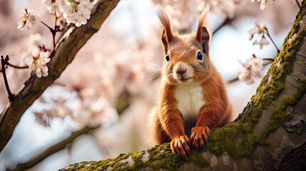Naklejka na ściany i meble Red squirrel perched on a tree in a springtime park.