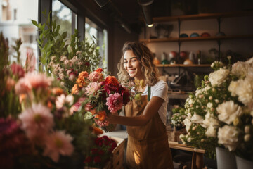 Smiling woman florist arranging a beautiful bouquet of flowers in a flower shop - obrazy, fototapety, plakaty