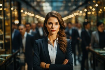 BUSINESSMAN TEAM WITH GIRL LEADER IN THE CENTER