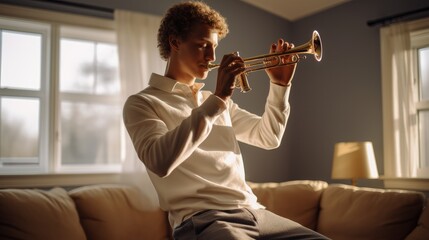 Beginner trumpet player practicing at home. - obrazy, fototapety, plakaty