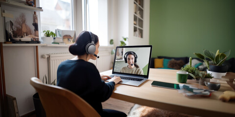Female interacting with a language teacher on an online platform, interactive and personalized online learning experience