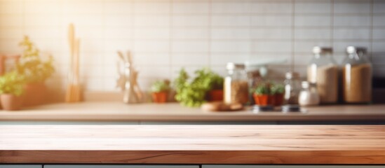 Kitchen and cooking concept for product display or visual design on a blurred background with a wooden table shelf