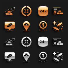 Set Gold bars, with certificate, coin money, Medal, 24k, Growth arrow gold and Safe icon. Vector