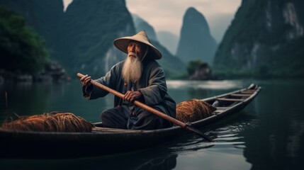 An old man canoeing on the Li River in China. A sage sitting in a boat. Fisherman in a straw hat. Created in AI. - obrazy, fototapety, plakaty