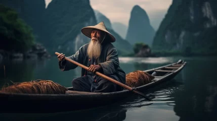 Foto op Canvas An old man canoeing on the Li River in China. A sage sitting in a boat. Fisherman in a straw hat. Created in AI. © Ренат Хисматулин
