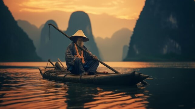 An old man canoeing on the Li River in China. A sage sitting in a boat. Fisherman in a straw hat. Created in AI.