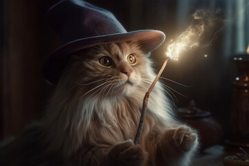 Cat wizard playing with magic wand - obrazy, fototapety, plakaty