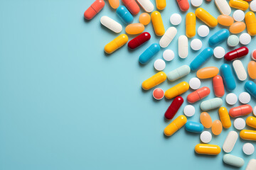 Colorful pills on light blue background	
