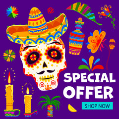 Day of the Dead Dia De Los Muertos special offer banner of mexican holiday sale season. Vector sugar skull in sombrero, ofrenda altar candles and tequila with bright color tropical flowers pattern