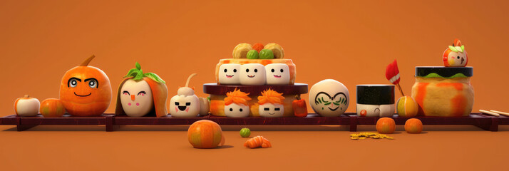Halloween party sushi, banner for restaurant menu, funny sushi illustration, Japanese cuisine