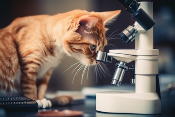 a cat looks at a microscope