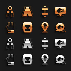 Set Boxing helmet, glove, MMA, Dumbbell, Sport expander and short icon. Vector