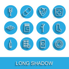 Set line Syringe, Pills blister pack, Crutch or crutches, Emergency mobile phone call to hospital, Medical symbol of the, Medicine bottle, Inhaler and icon. Vector