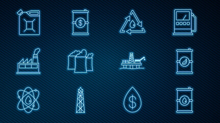 Set line Barrel oil, Bio fuel barrel, Oil drop with recycle, industrial factory building, Canister for gasoline, platform the sea and dollar icon. Vector