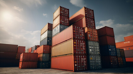 Cargo shipping containers stacked, cross-docking business exports of goods - obrazy, fototapety, plakaty