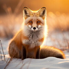  red fox sitting in the forest, looking camera in the sunset