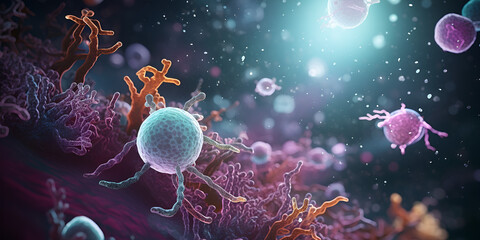 A colorful background with a black background and a blue and purple bacteria and a black background.
