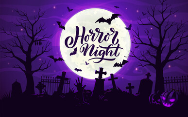 Halloween cemetery landscape with gravestones, flying bats and zombie hands, holiday vector poster. Horror night Halloween celebration banner with midnight moon and dead hands form graves on cemetery