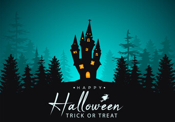 Happy halloween background with spooky scary palm tree forest at night and Scary castle