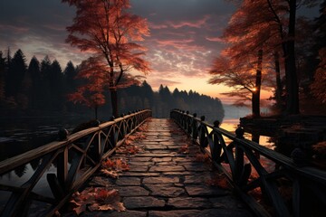 wooden bridge in the autumn garden - obrazy, fototapety, plakaty
