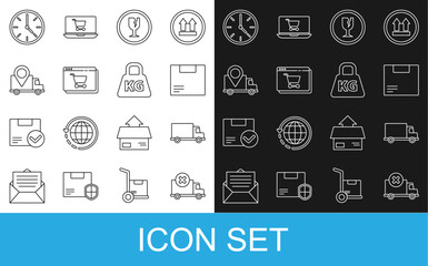 Set line Delivery cargo truck vehicle, Carton cardboard box, Fragile broken glass, Online shopping screen, tracking, Clock and Weight icon. Vector