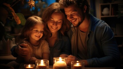 Portrait of family in a cozy living room with warm lighting.