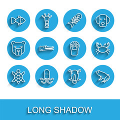 Set line Turtle, Octopus, Fish, Wild boar head, Frog, Crocodile, Crab and Paw print icon. Vector