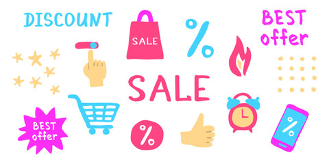 Sale icon set with hand clicking slider in online store, thumb, cart, shopper bag, percent sign on smartphone. Bright pink, blue and purple colors. Vector doodle symbols of sell-out for ads design.