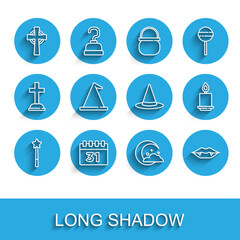 Set line Magic wand, Calendar with Halloween, Tombstone cross, Moon stars, Vampire teeth, Witch hat, Burning candle and icon. Vector