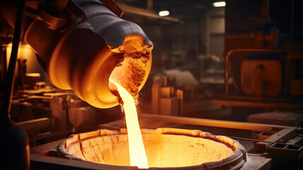 Foundry ladle pouring molten metal in heavy industry factory.