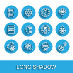 Set line Genetically modified meat, DNA symbol, Label for eco healthy food, orange, apple, GMO and Stop icon. Vector